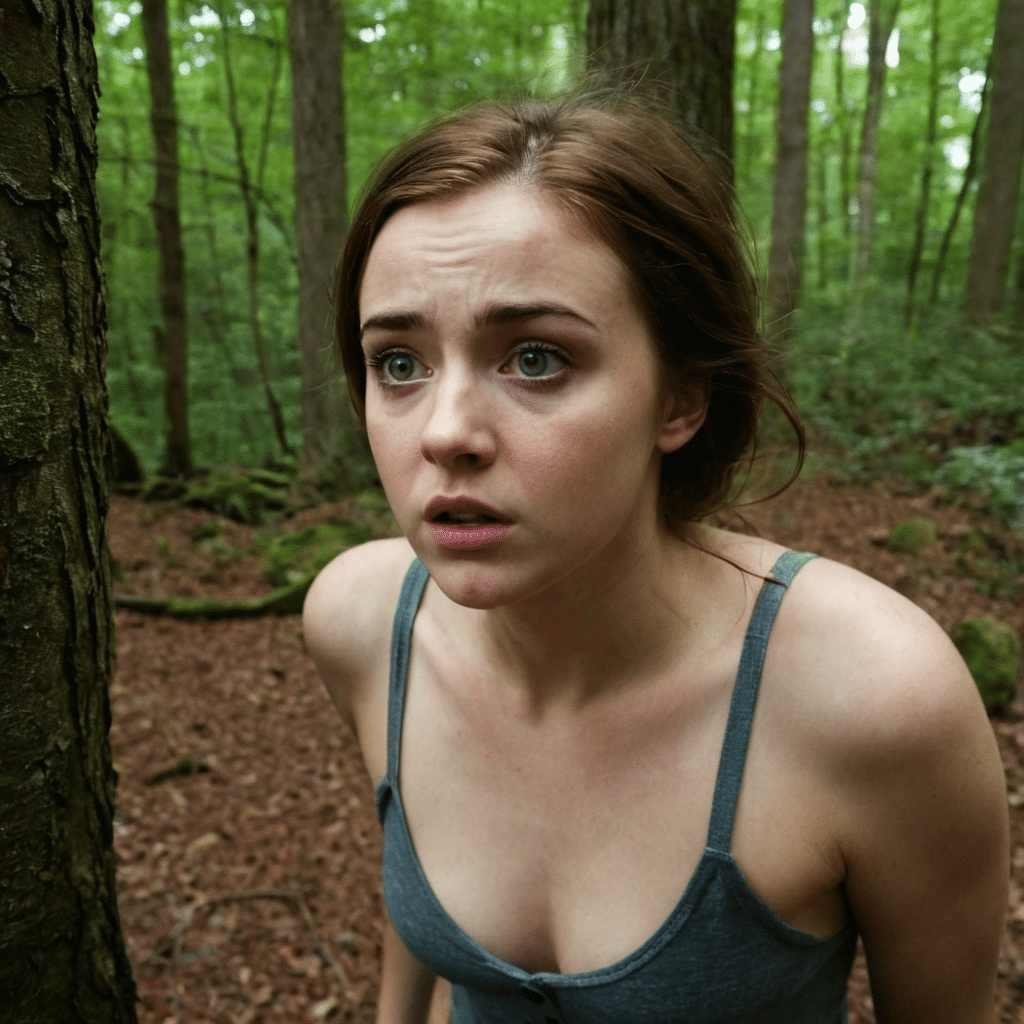 Confused and scared girl lost in the woods