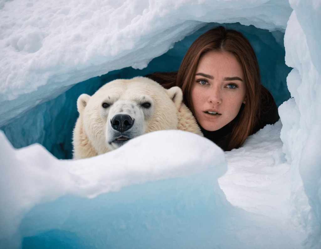 Girl and a polar bear in a snow cave