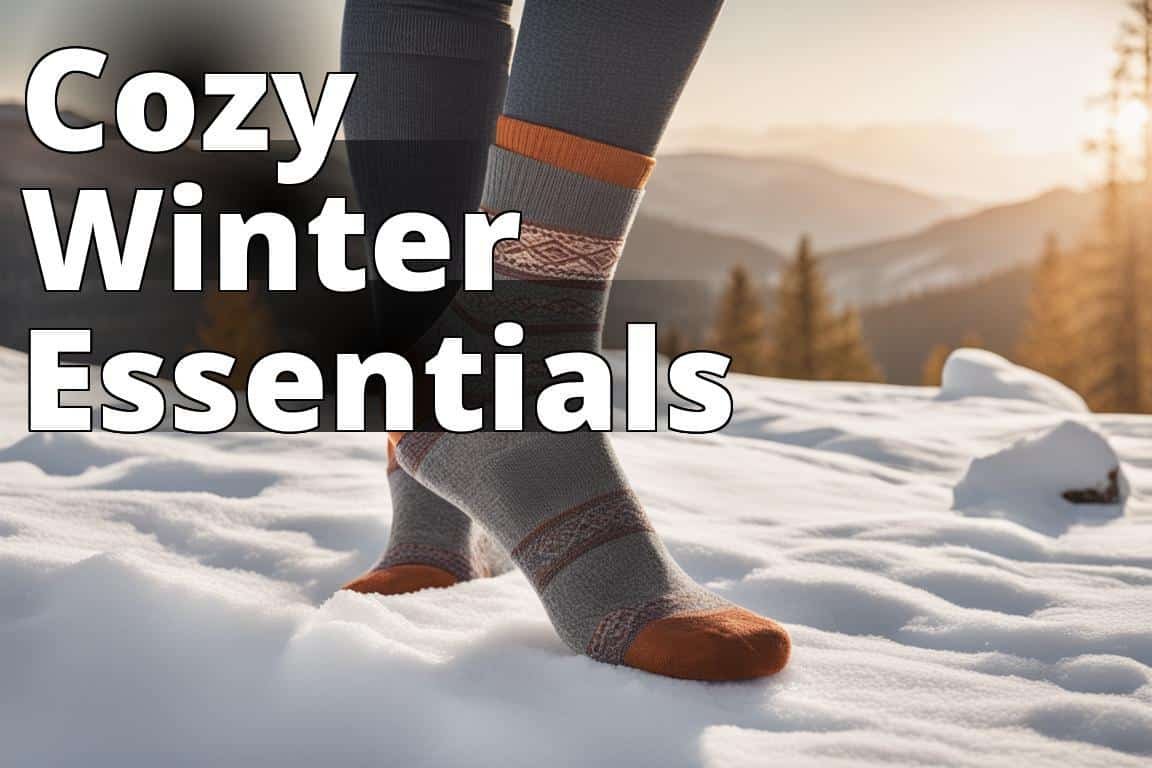 A close-up image of a pair of women's feet wearing high-quality Merino wool socks in a winter settin