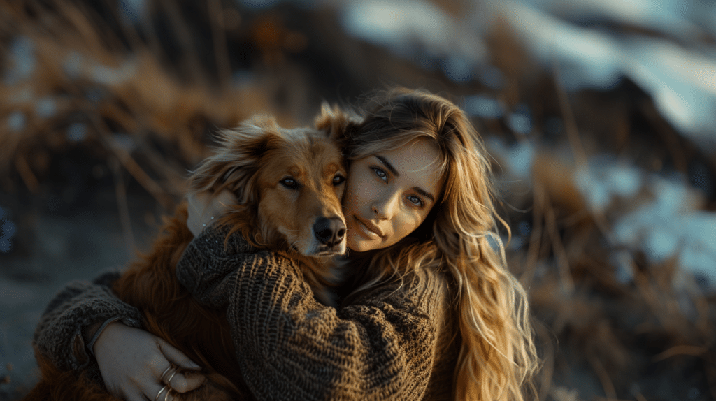 A young woman bonding with her dog on a mountain