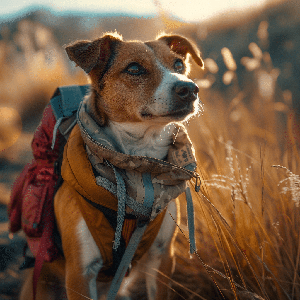 Adventurous dog wearing a jacket and hiking gear, ready for an outdoor trek, embodying the spirit of adventure and preparedness in nature