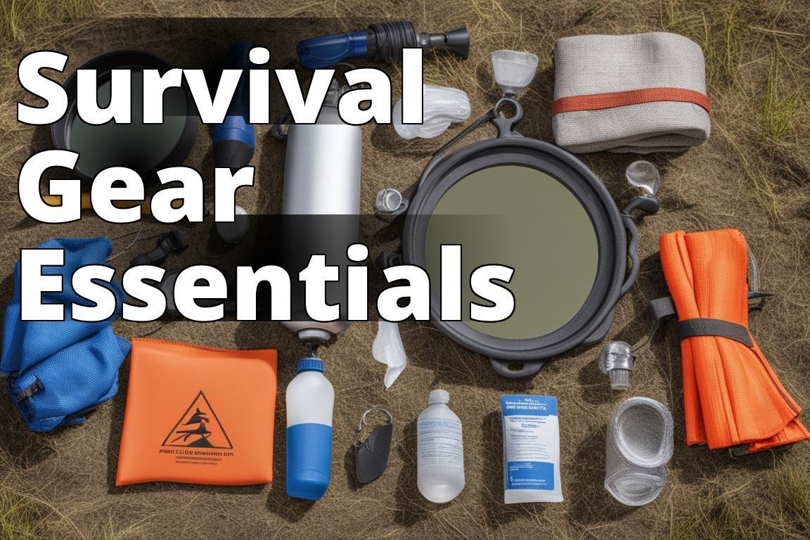 An image depicting a collection of essential survival gear items such as a water filter