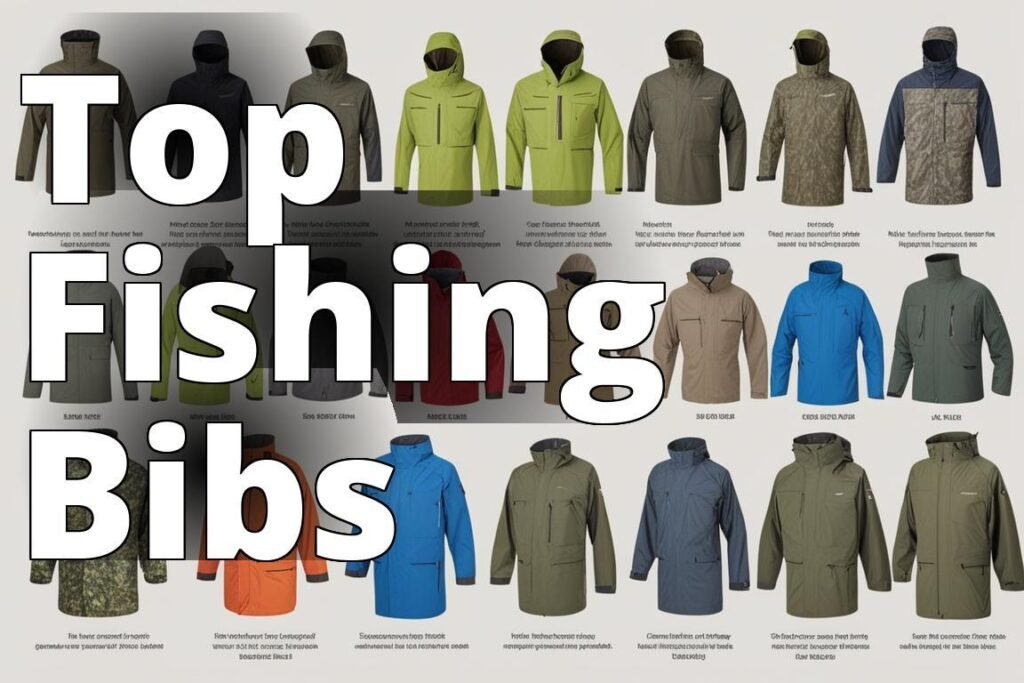 An image showing a variety of men's rain bibs for fishing laid out neatly side by side