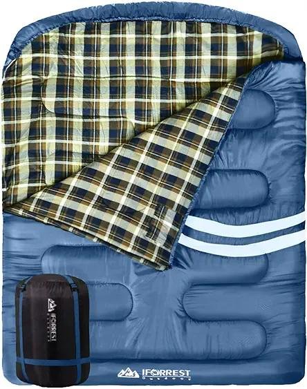 IFORREST Cotton Flannel Double Sleeping Bag for Adults - 2 Person, 10°F Cold Weather, Extra-Wide & Warm, Queen Sized XXL for Couples Camping in All Seasons.