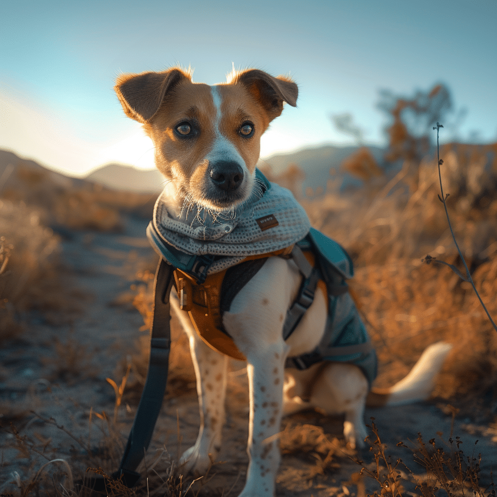 Adventurous dog wearing a jacket and hiking gear, ready for an outdoor trek, embodying the spirit of adventure and preparedness in nature