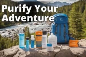 The image should display a variety of water purification tablets and filters laid out on a hiking ba