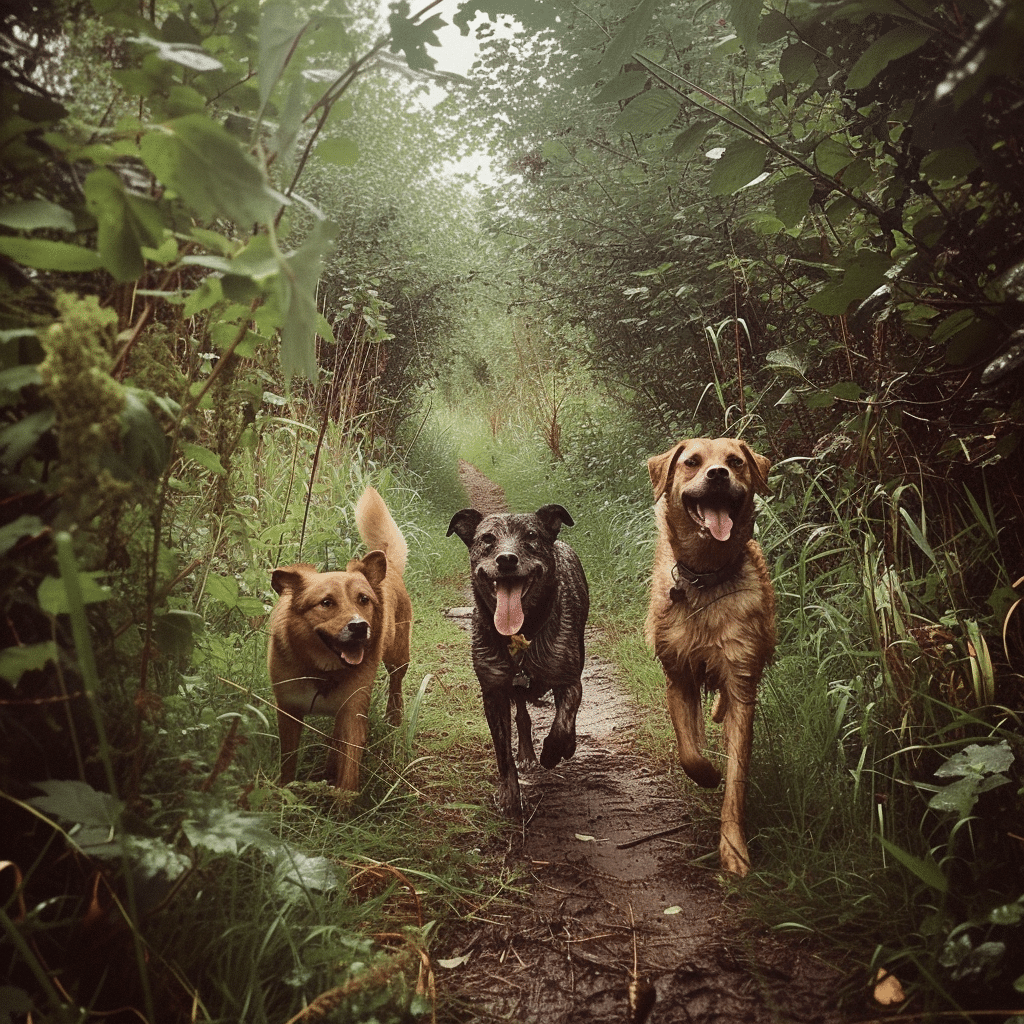 three happy dogs on a hiking trail outdoors