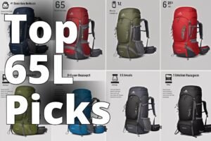 An image showcasing a variety of 65L backpacks laid out with their key features visible