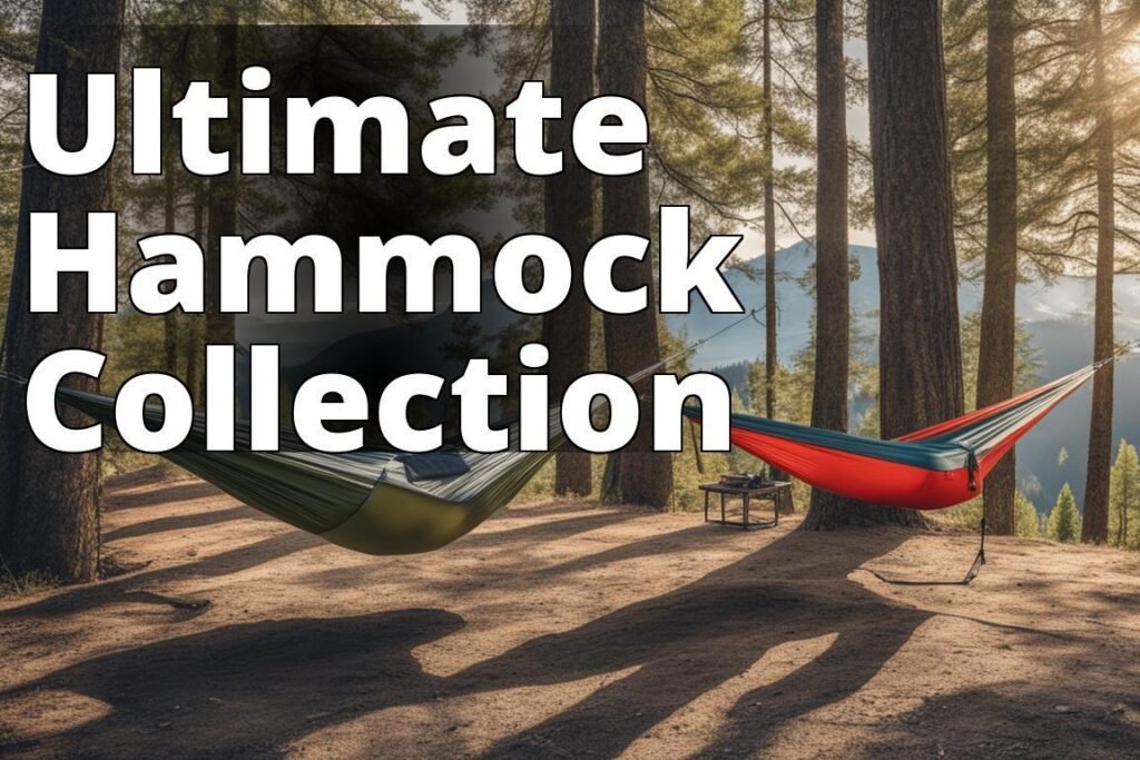 An image showing a variety of ultralight camping hammocks set up in a picturesque outdoor camping lo