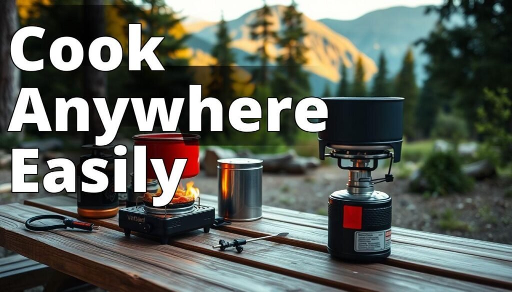 An outdoor scene featuring a variety of portable lightweight camping stoves set up on a picnic table